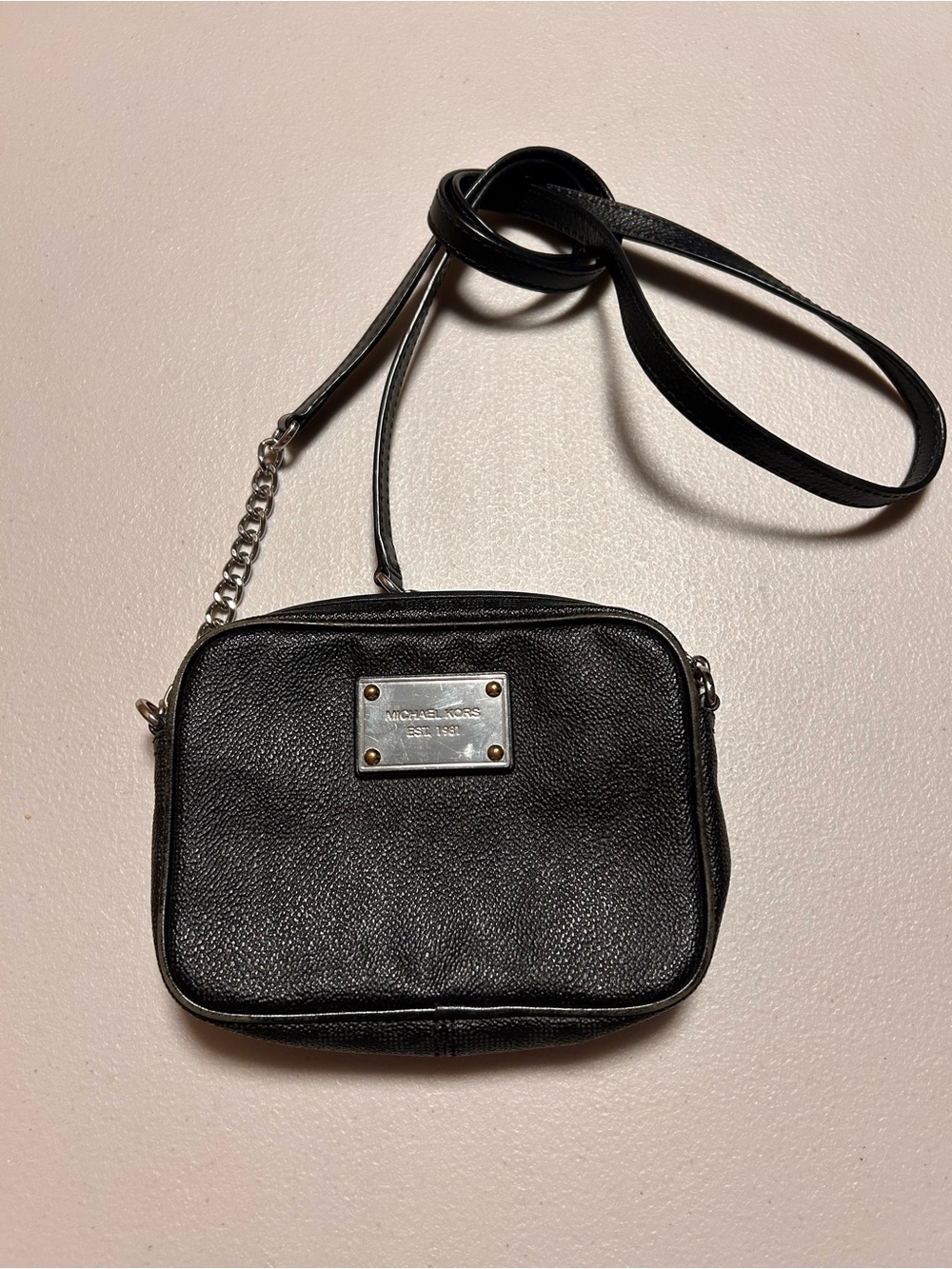 Michael Kors Black Leather Crossbody with Silver Plate